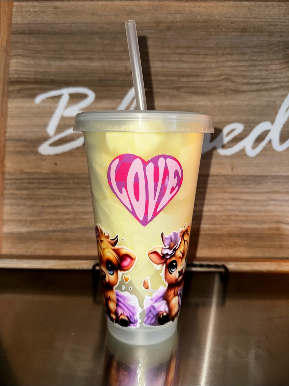 Yellow LOVE Heart Cute Animal Reusable Tumbler with Straw
